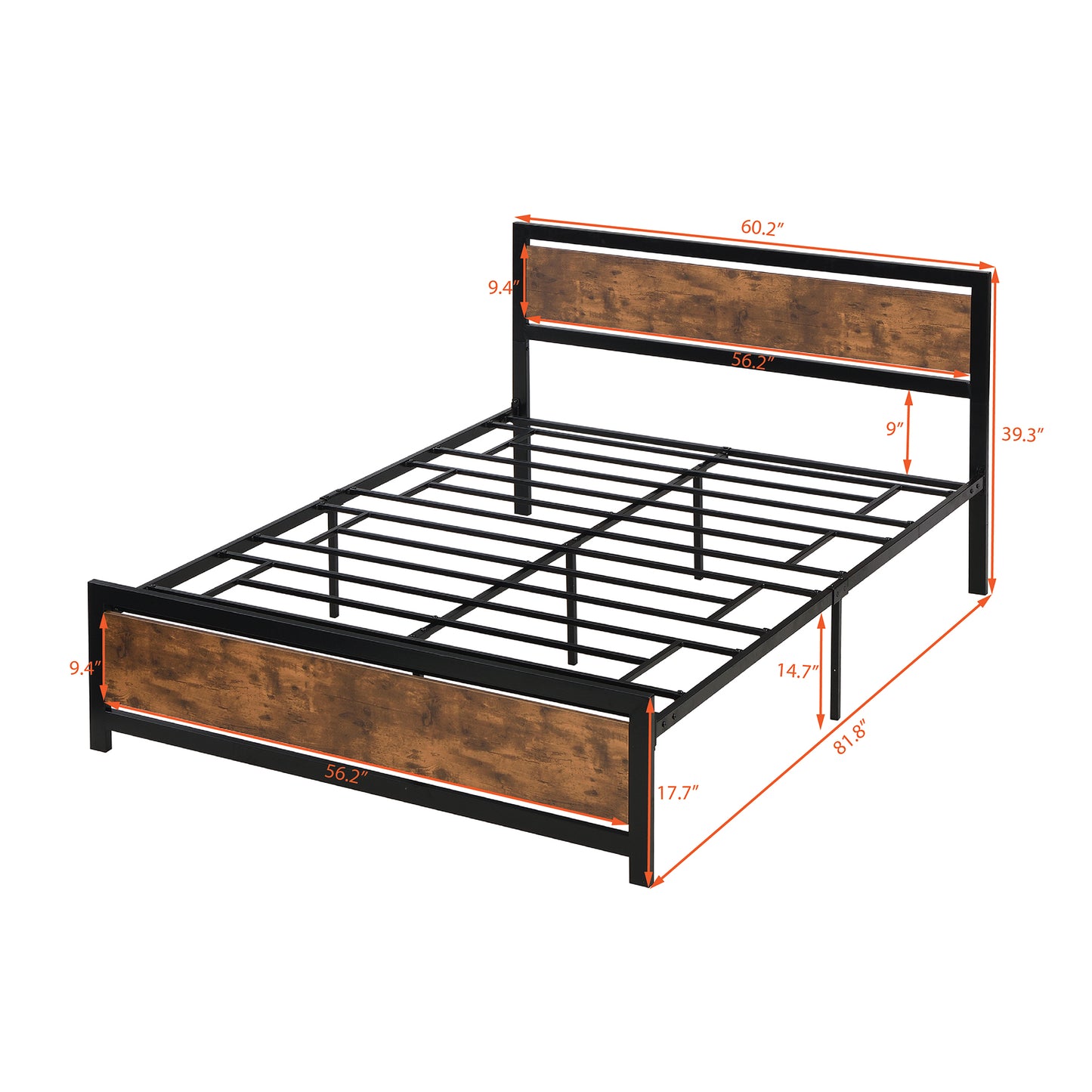 Metal and Wood Bed Frame with Headboard and Footboard