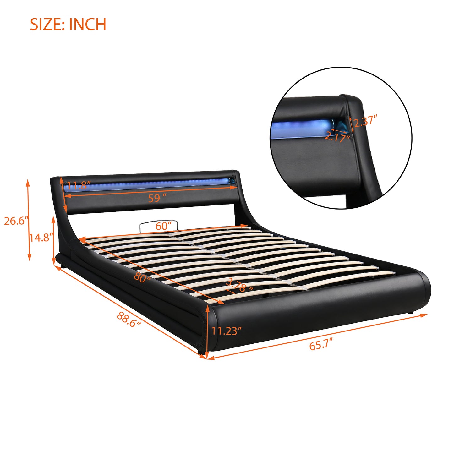 Platform bed with a Hydraulic Storage System with LED Light