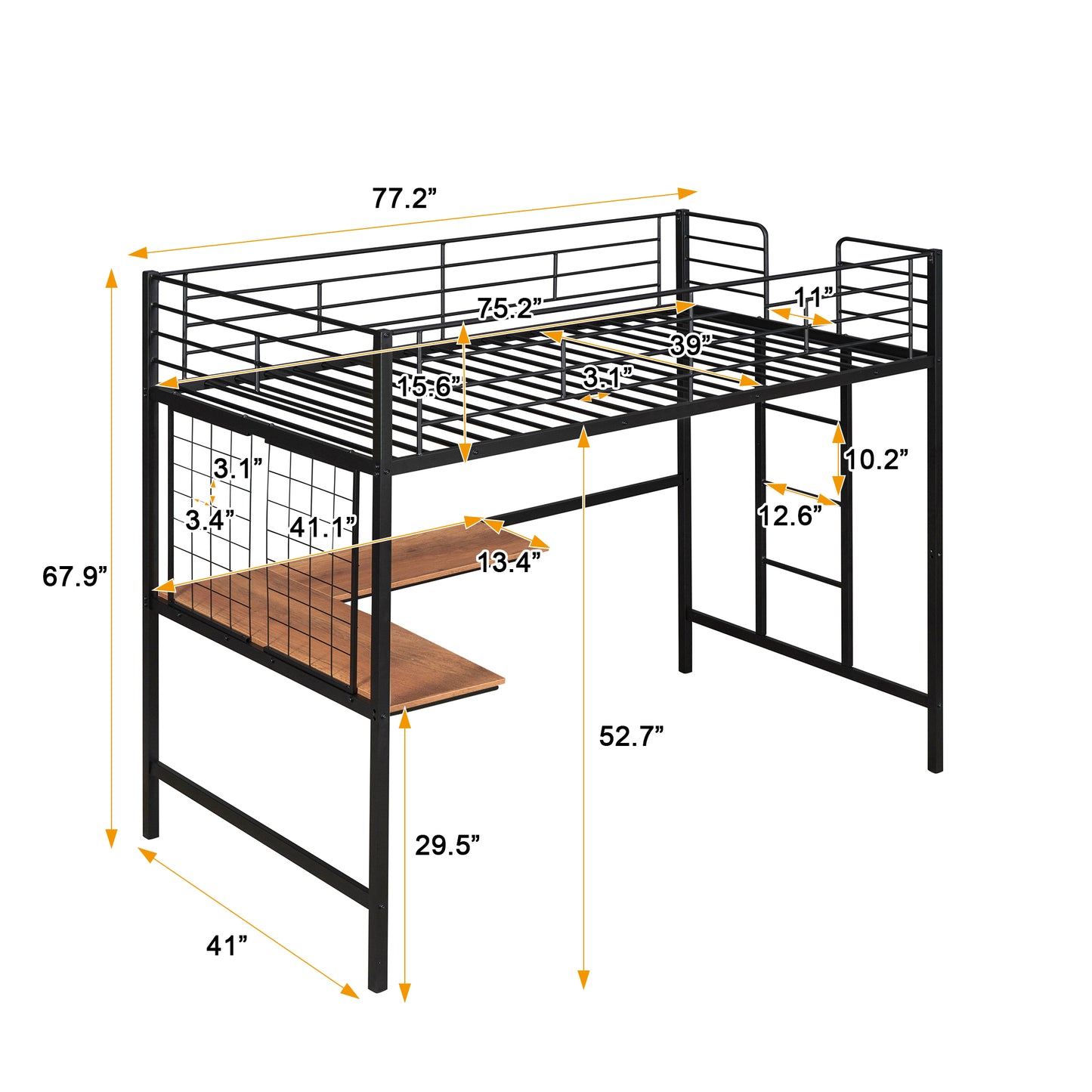Twin Metal Loft Bed with Desk and Metal Grid