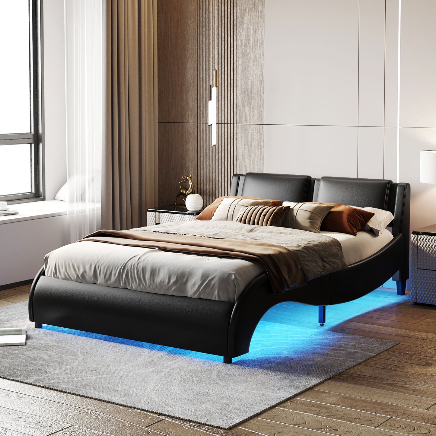 Faux Leather Platform Bed with LED Light