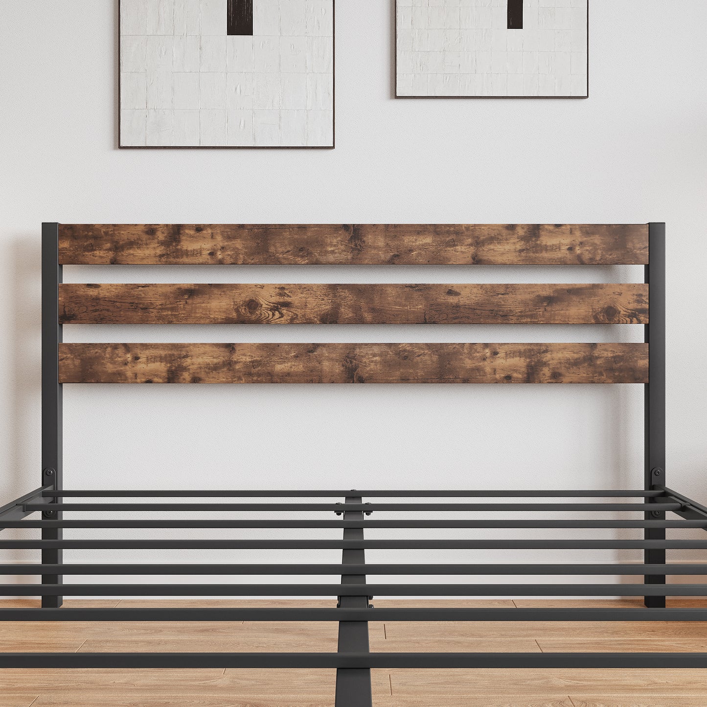 Platform Queen Size Bed Frame with Rustic Vintage Wood Headboard