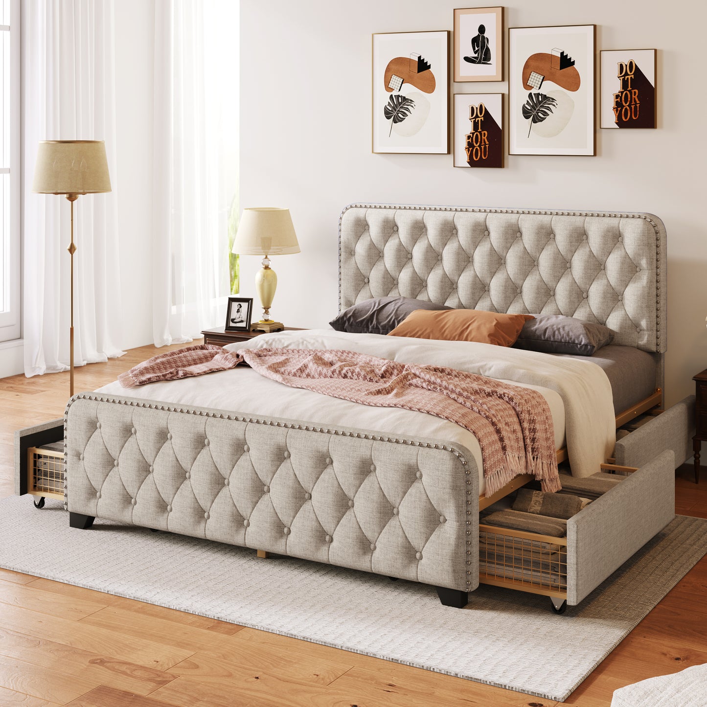 Upholstered Platform Bed Frame with Four Drawers