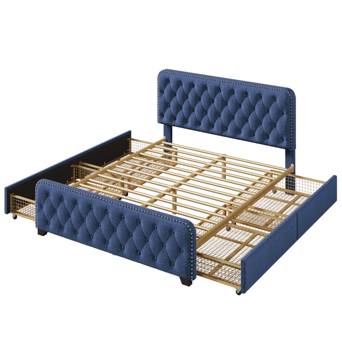 Upholstered Platform Bed Frame with Four Drawers