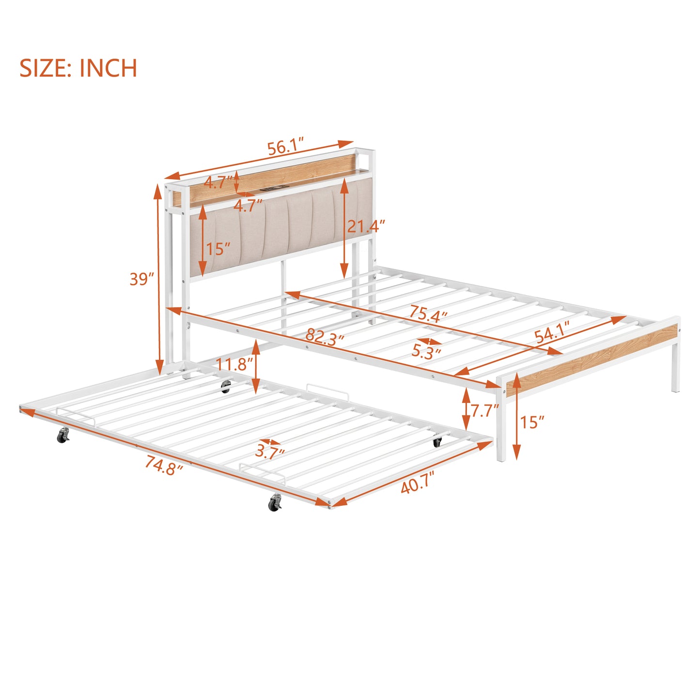 Full Size Metal Platform Bed Frame with Twin size trundle