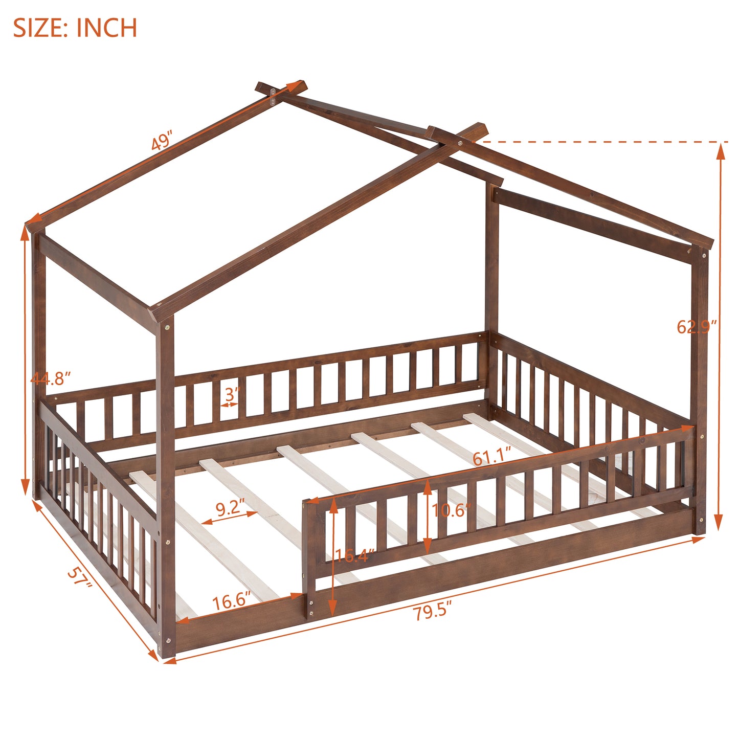 Full Size Wood Bed House Bed Frame with Fence,Walnut