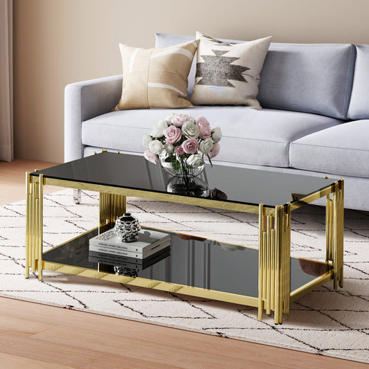 Stainless Steel Rectangle Glass Coffee Table for Living Room 51.18" Modern Center Table with Black Tempered Glass 8mm Gold Leg