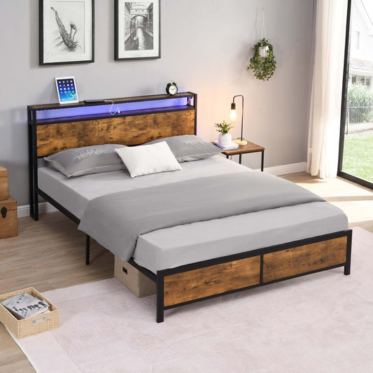 Industrial Queen Bed Frame with LED Lights and 2 USB Ports