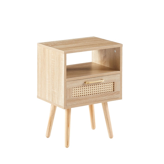 15.75" Rattan End table with drawer and solid wood legs, Modern nightstand, side table for living room, bedroom