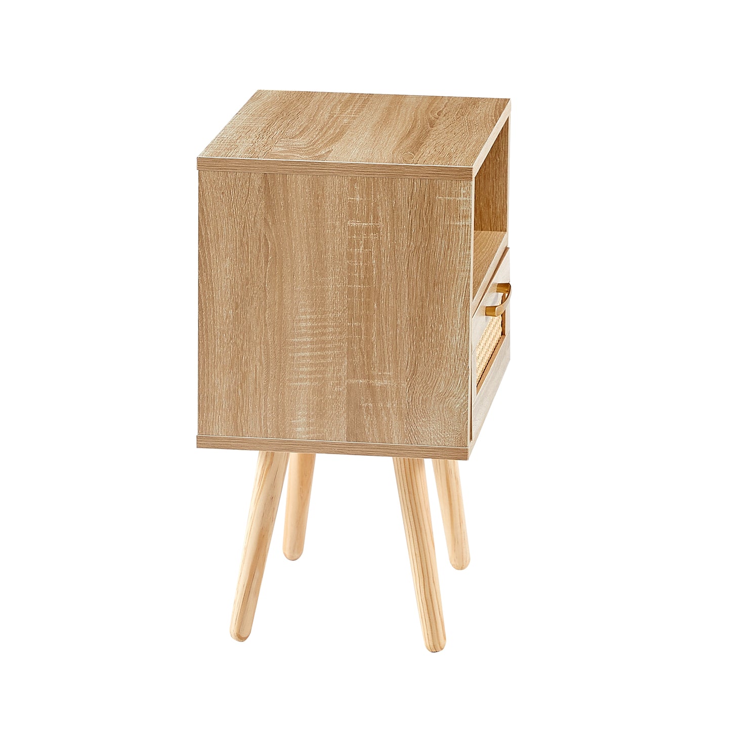 15.75" Rattan End table with drawer and solid wood legs, Modern nightstand, side table for living room, bedroom