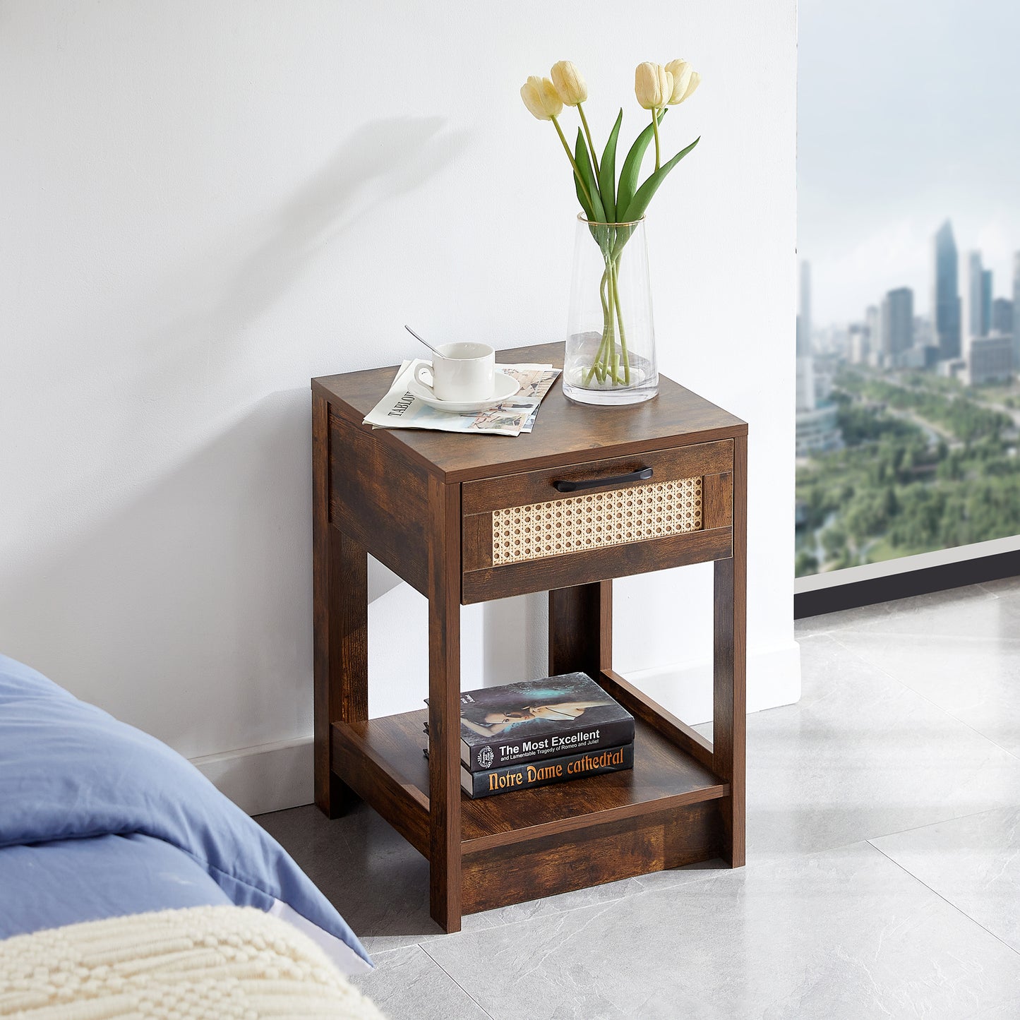 15.75" Rattan End table with drawer, Modern nightstand, side table for living room, bedroom