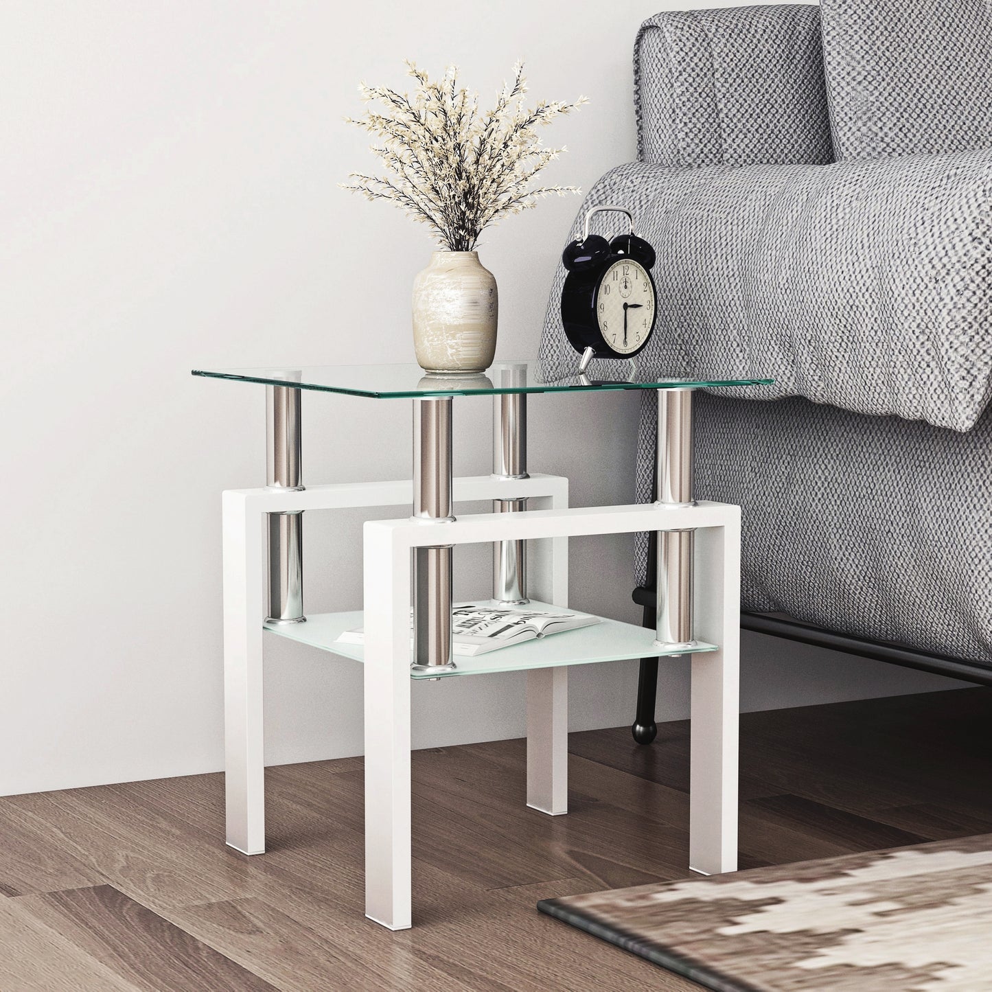 1-Piece Modern Tempered Glass Tea Table Coffee Table End Table, Square Table for Living Room, Transparent/White