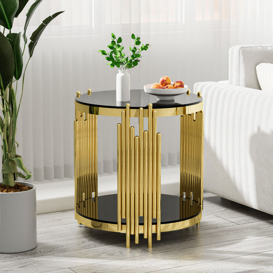 Stainless Steel Round Glass End Table for Living Room 19.69" Modern Sofa Side Table with Clear Tempered Glass 8mm Gold Leg