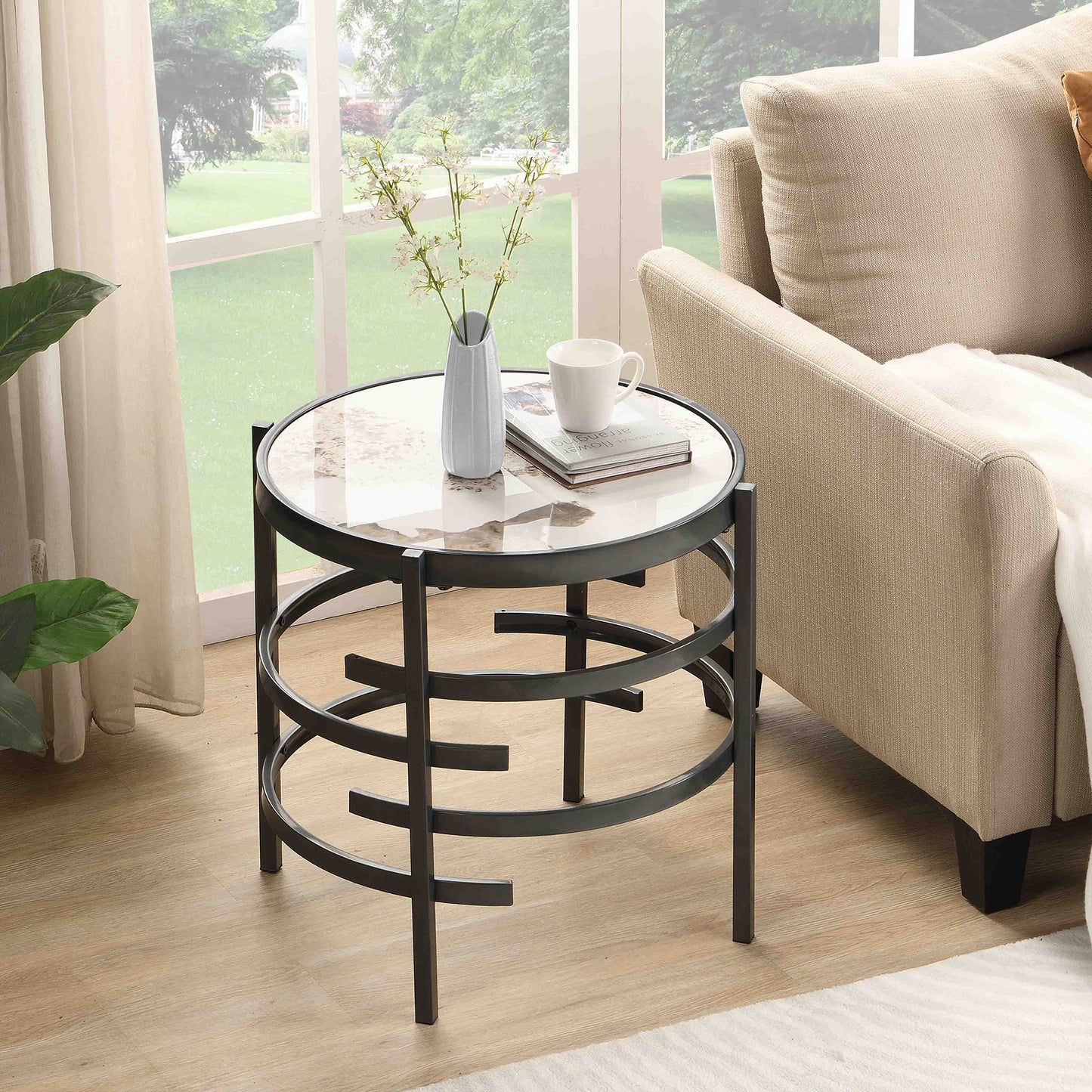 Elegant Pandora Sintered Stone End Table, Darker Gray Small Coffee Table for Living Room 20.67''W x 20.67''D x 21.65''H