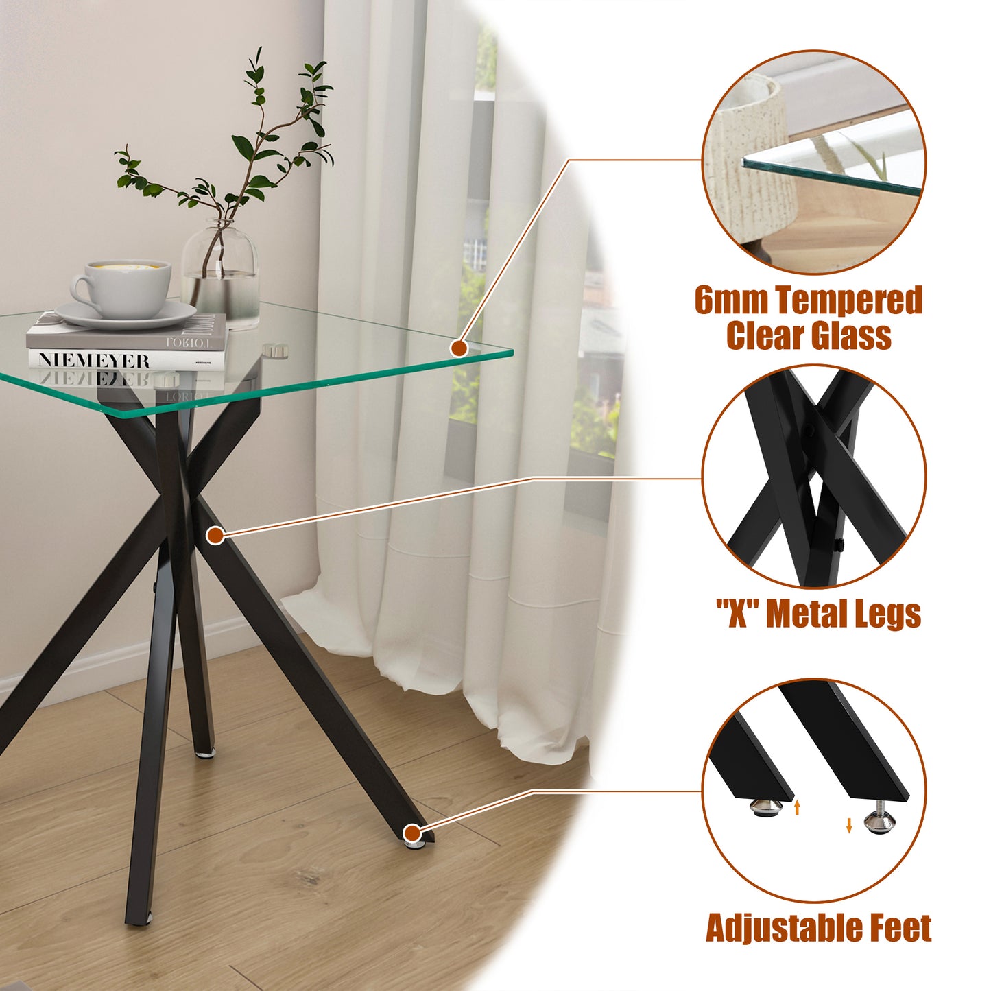 17.72" Square Clear Tempered Glass End Table,Stylish Design with Black Metal Legs, Side Table for Living Room, 2 pcs