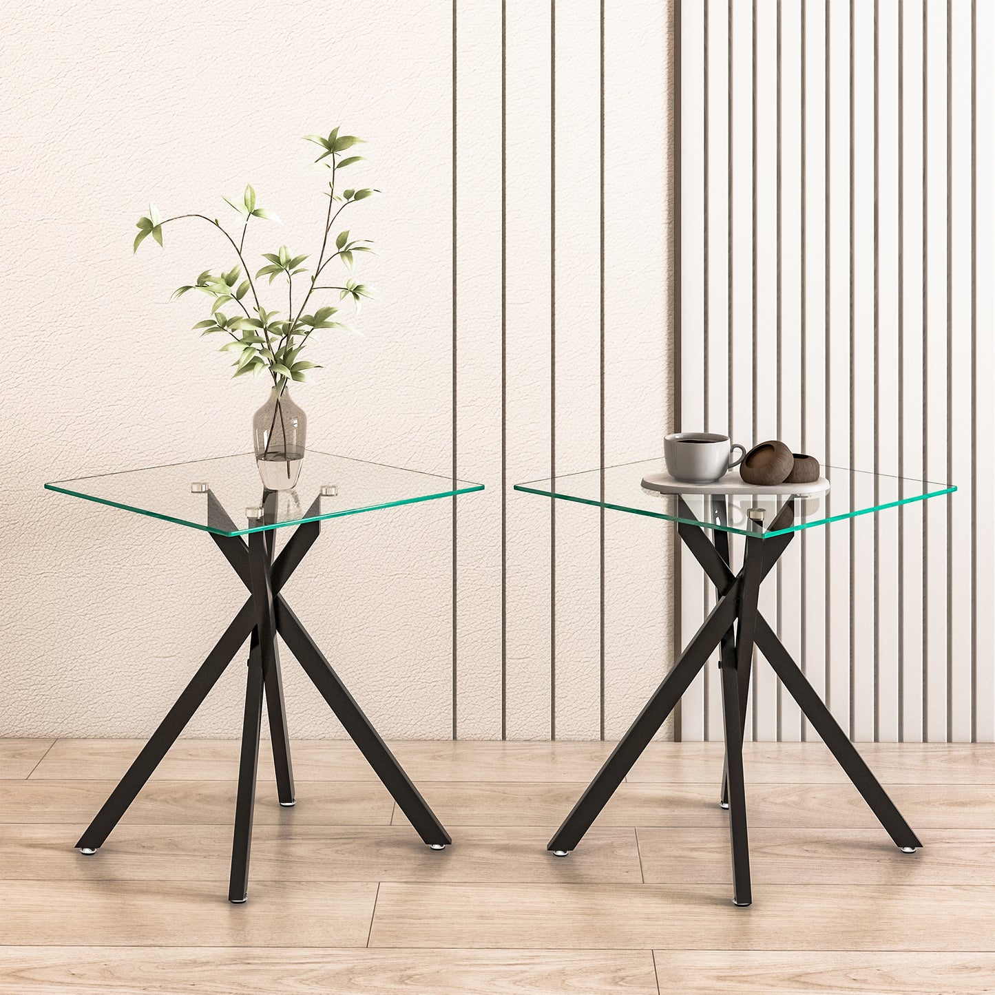 17.72" Square Clear Tempered Glass End Table,Stylish Design with Black Metal Legs, Side Table for Living Room, 2 pcs