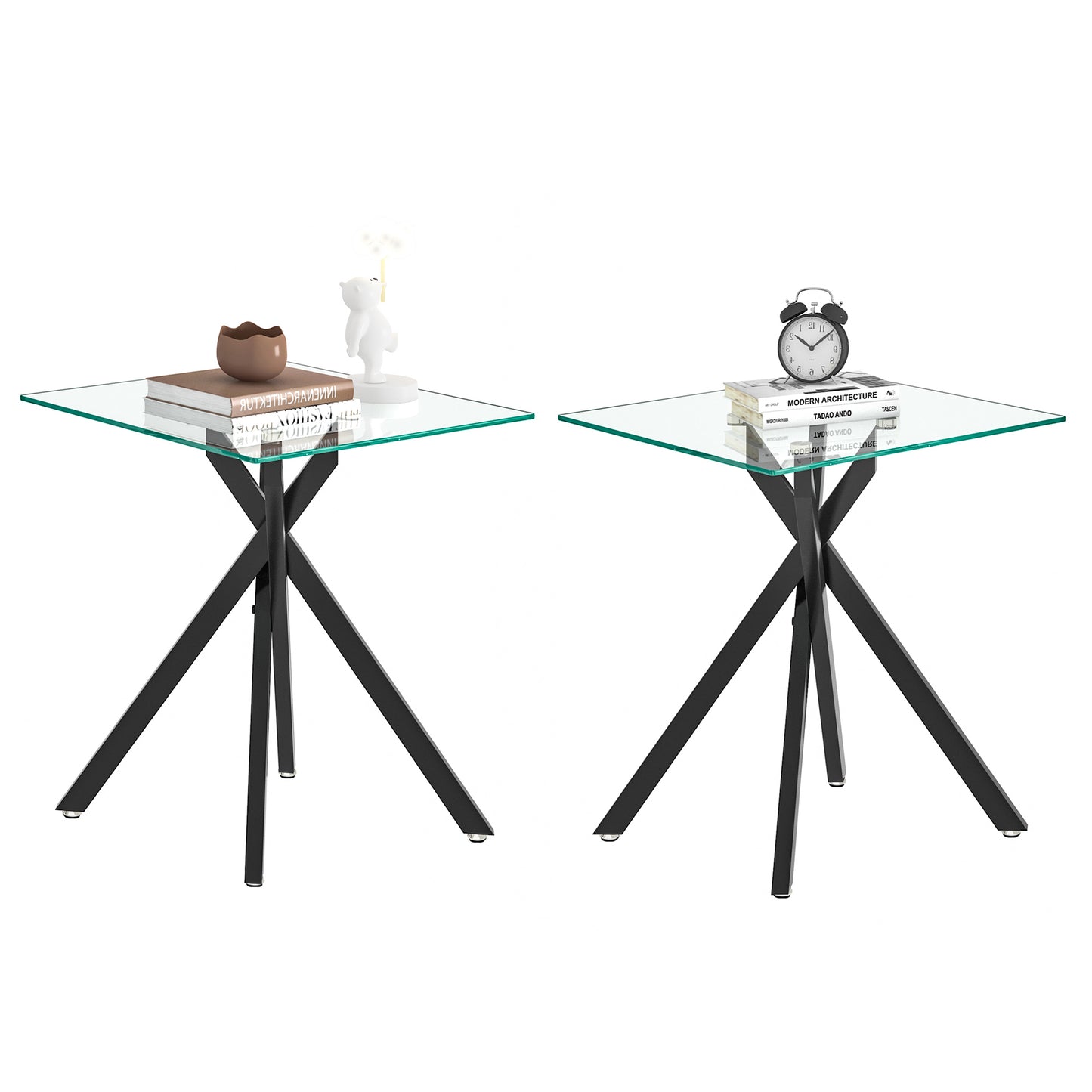 17.72" Square Clear Tempered Glass End Table,Stylish Design with Black Metal Legs, Side Table for Living Room, 2 pcs